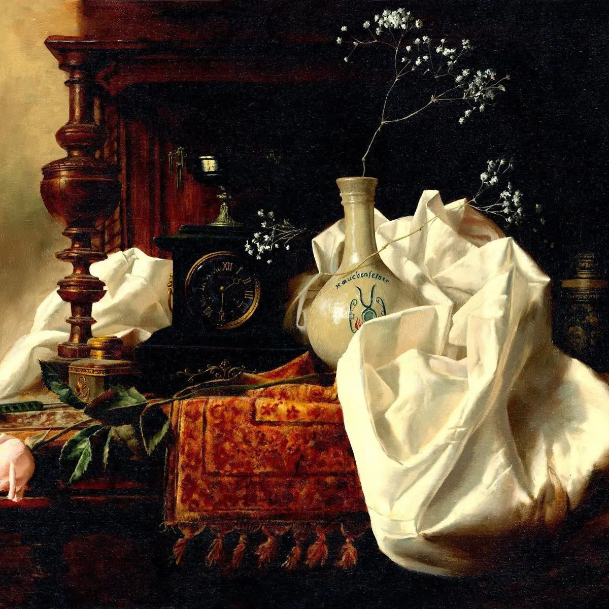 Still Life Oil Painting - Clock, Vase and Rose - Oil Painting Haven