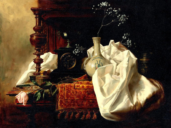 Still Life Oil Painting - Clock, Vase and Rose - Oil Painting Haven