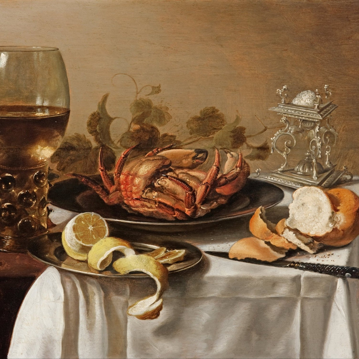 Still Life Oil Painting - Crab, Wine and Bread - Oil Painting Haven