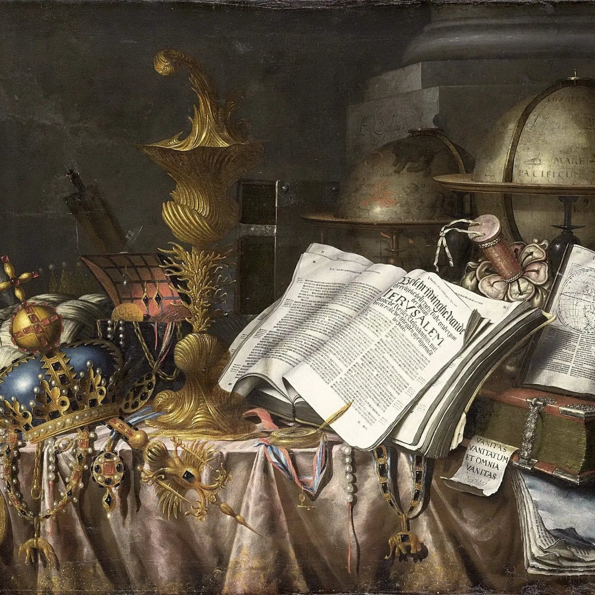 Still Life Oil Painting - Crown, Books and Globes - Oil Painting Haven