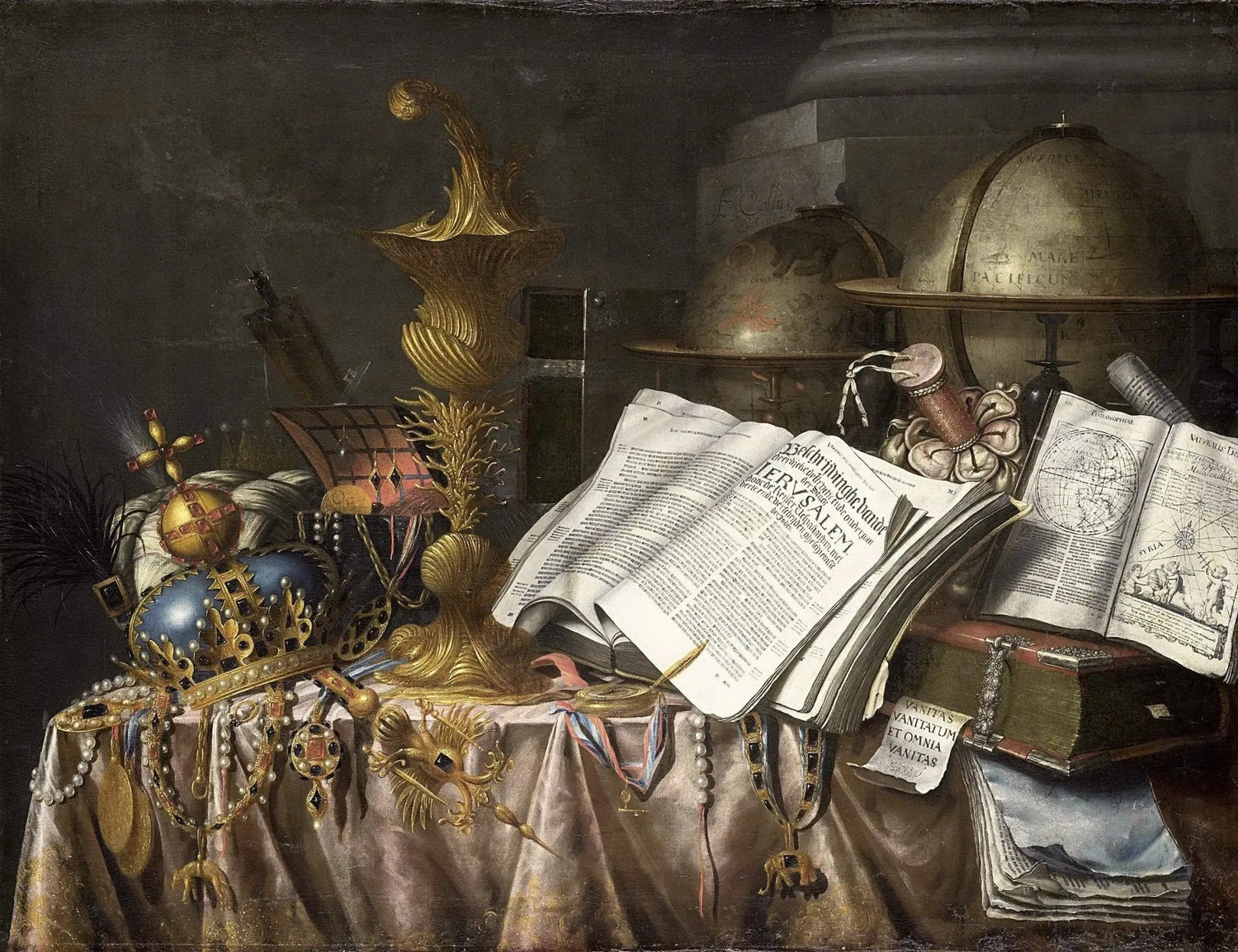 Still Life Oil Painting - Crown, Books and Globes - Oil Painting Haven