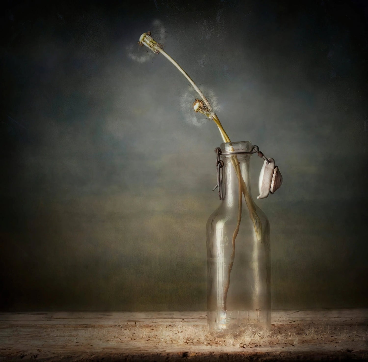 Still Life Oil Painting - Dandelion in Glass Bottle - Oil Painting Haven