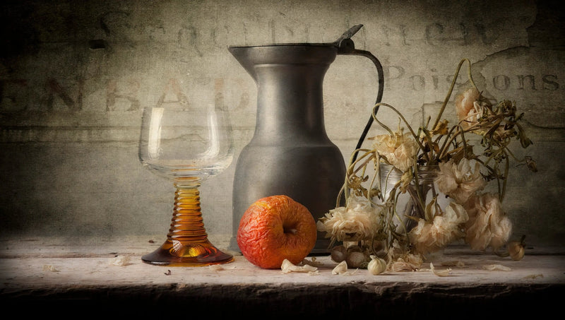 Still Life Oil Painting - Dried Apple, Metal Jug and Glassware - Oil Painting Haven