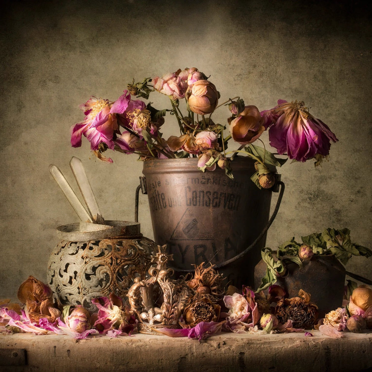 Still Life Oil Painting - Dried Flowers and Vintage Metalware - Oil Painting Haven