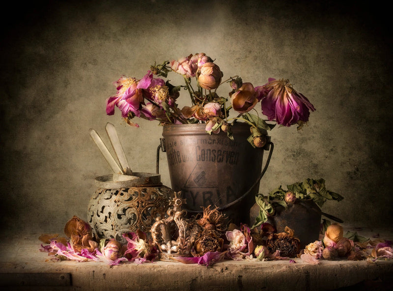 Still Life Oil Painting - Dried Flowers and Vintage Metalware - Oil Painting Haven