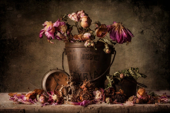 Still Life Oil Painting - Dried Flowers, Clock and Bucket - Oil Painting Haven