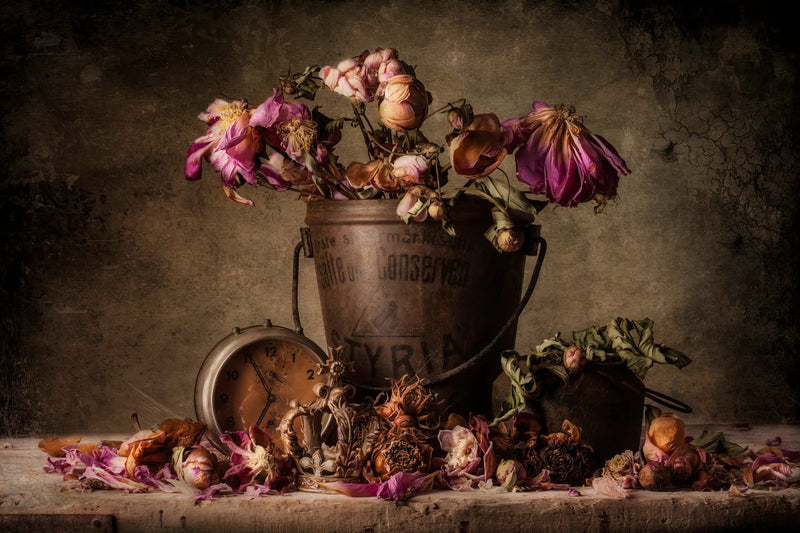 Still Life Oil Painting - Dried Flowers, Clock and Bucket - Oil Painting Haven