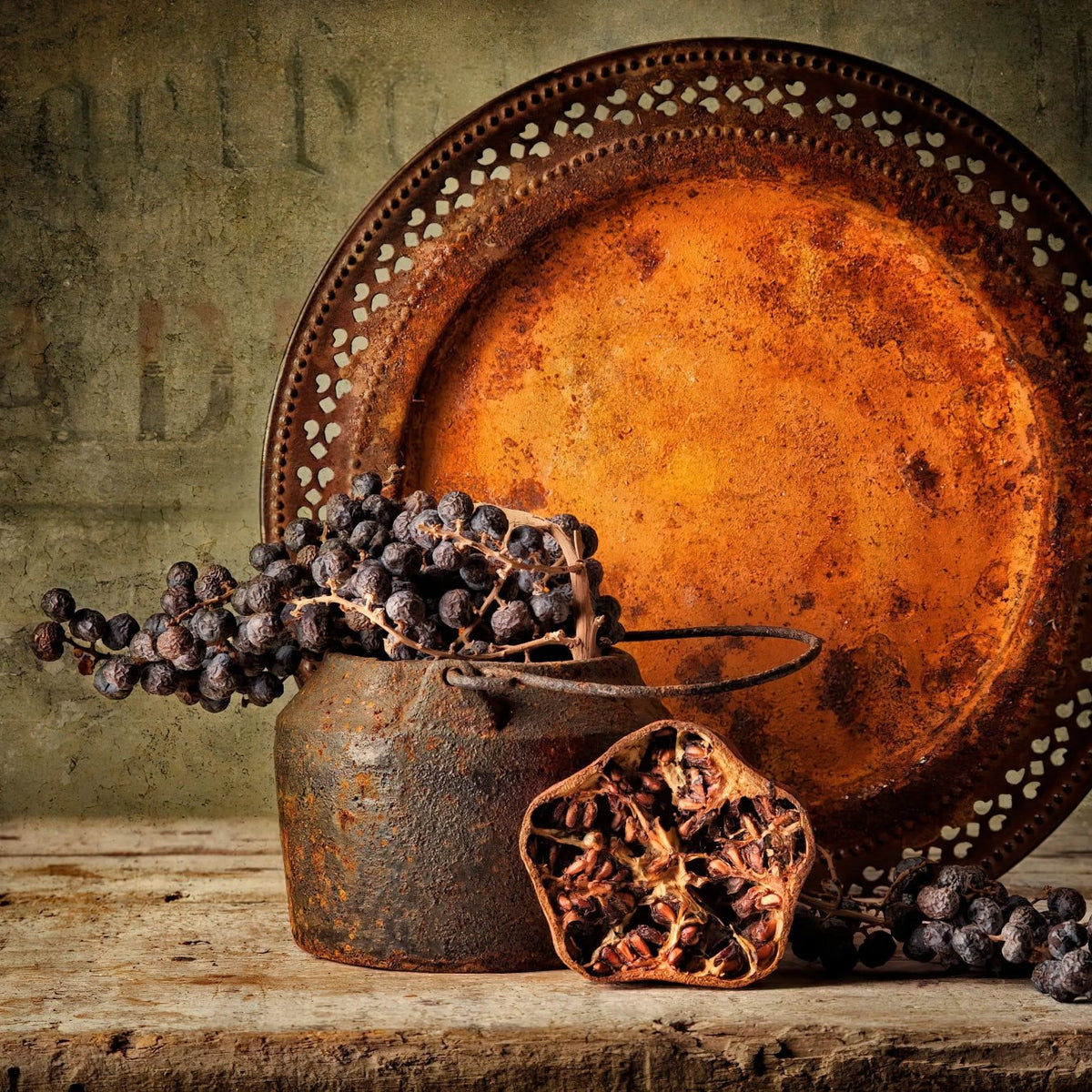 Still Life Oil Painting - Dried Fruits and Rustic Metalware - Oil Painting Haven