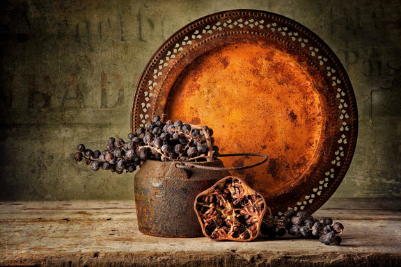 Still Life Oil Painting - Dried Fruits and Rustic Metalware - Oil Painting Haven