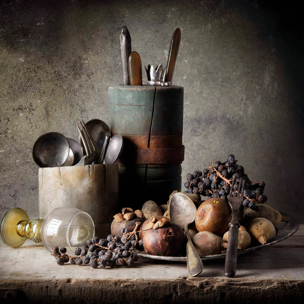 Still Life Oil Painting - Dried Fruits, Utensils and Glassware - Oil Painting Haven