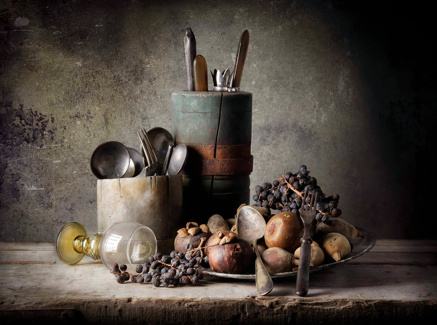 Still Life Oil Painting - Dried Fruits, Utensils and Glassware - Oil Painting Haven