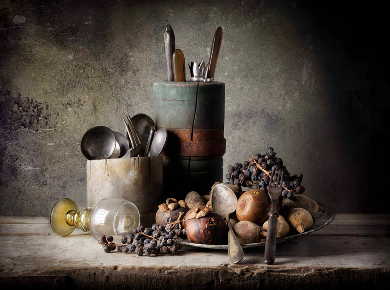 Still Life Oil Painting - Dried Fruits, Utensils and Glassware - Oil Painting Haven