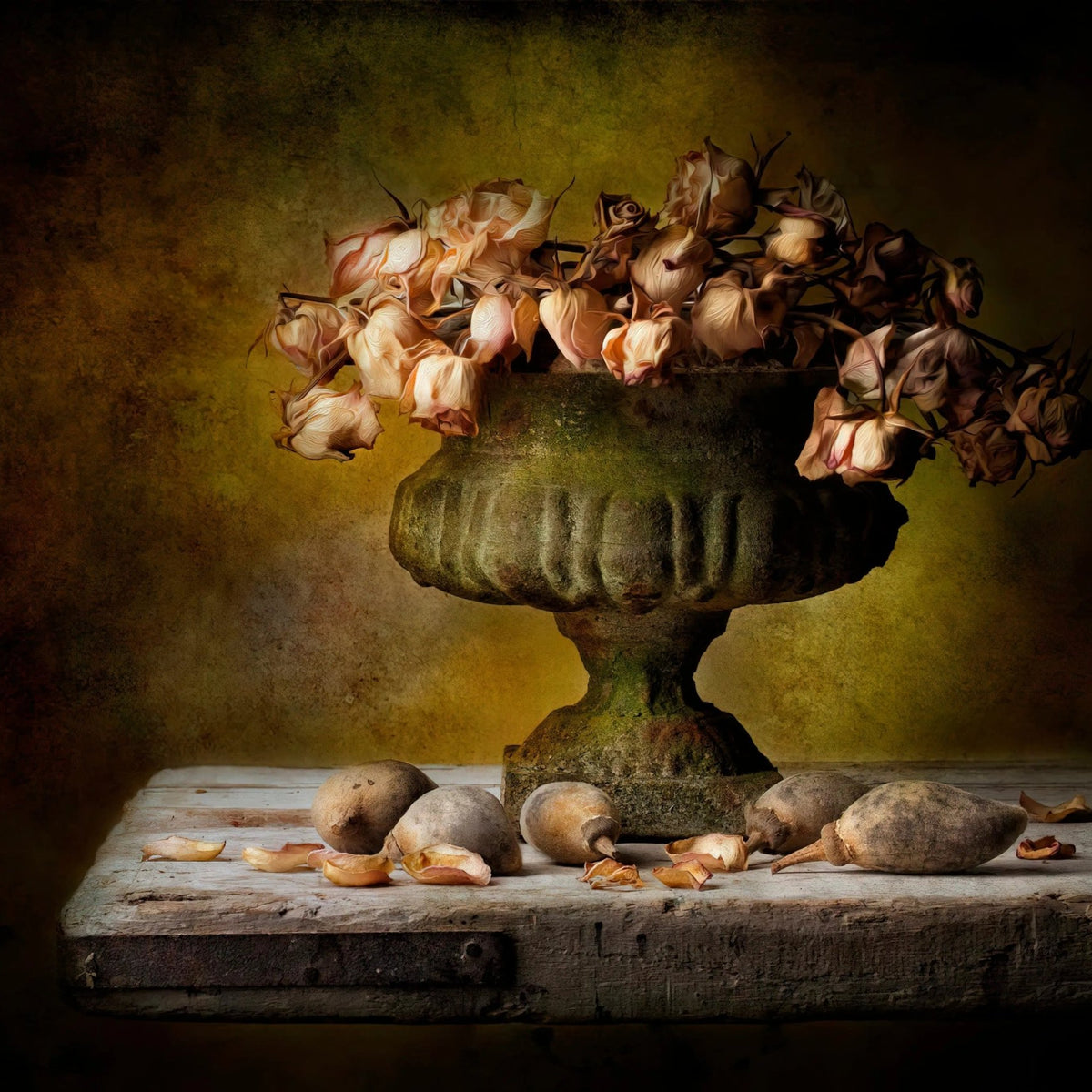 Still Life Oil Painting - Dried Roses and Vintage Urn - Oil Painting Haven