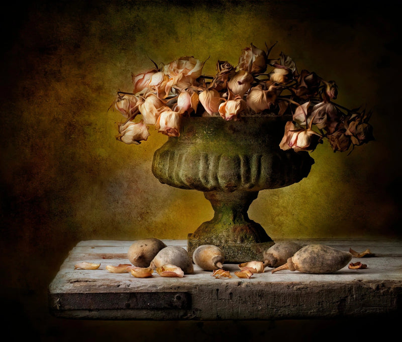 Still Life Oil Painting - Dried Roses and Vintage Urn - Oil Painting Haven