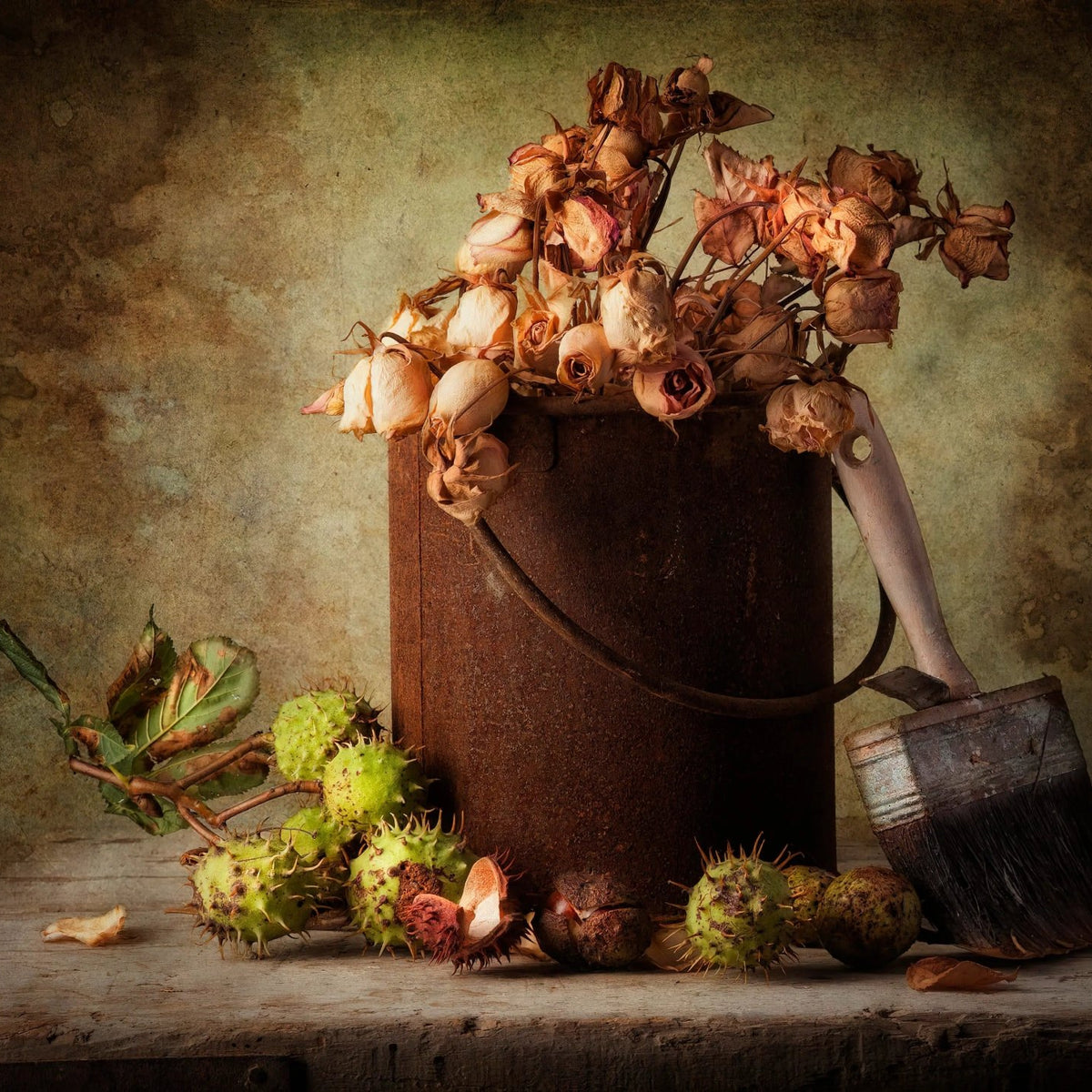 Still Life Oil Painting - Dried Roses, Spiky Fruits and Vintage Brush - Oil Painting Haven