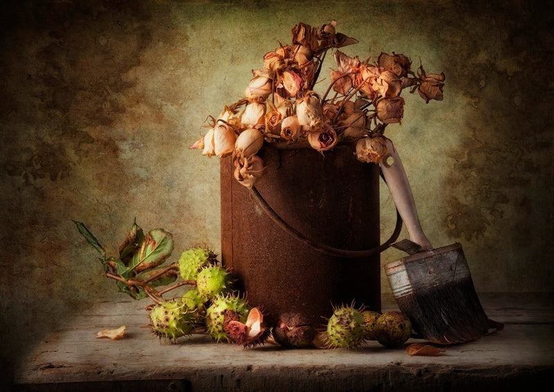 Still Life Oil Painting - Dried Roses, Spiky Fruits and Vintage Brush - Oil Painting Haven