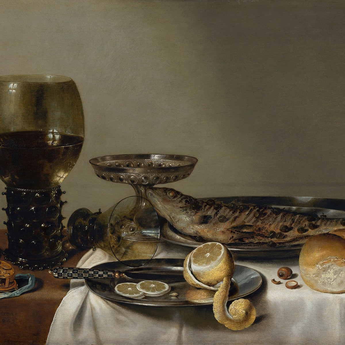 Still Life Oil Painting - Fish, Lemon and Pewter Tableware