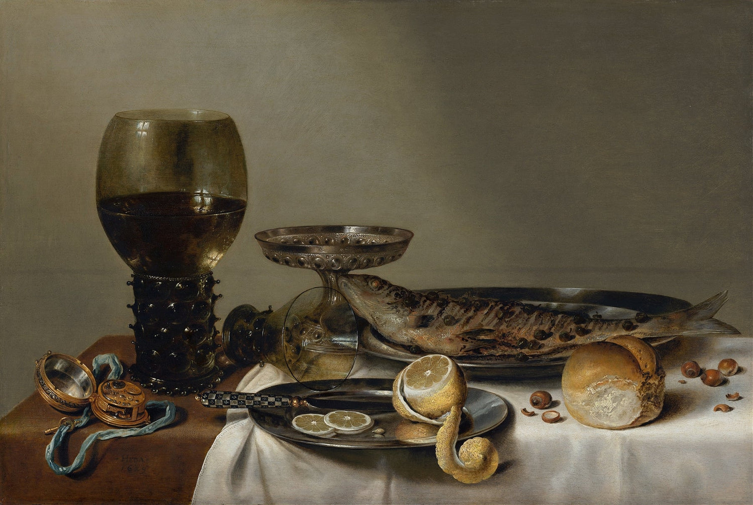 Still Life Oil Painting - Fish, Lemon and Pewter Tableware