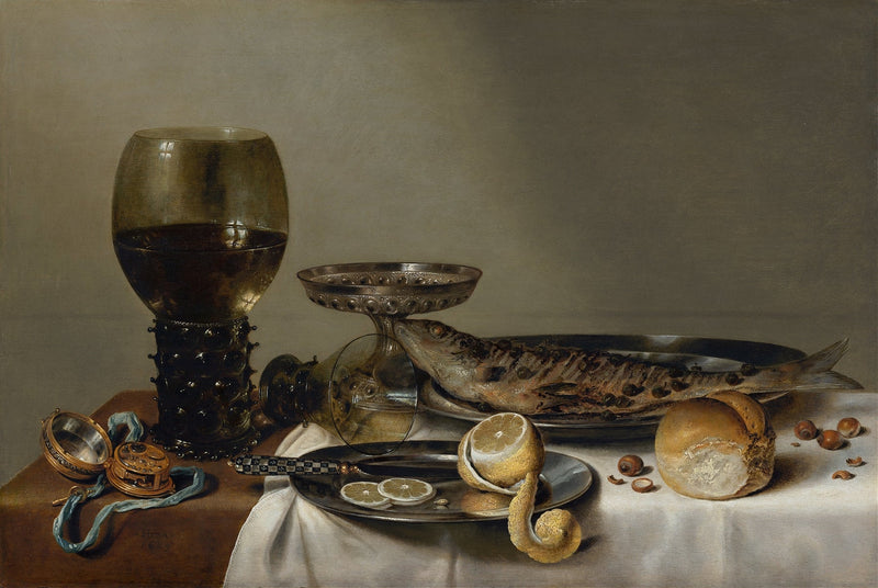 Still Life Oil Painting - Fish, Lemon and Pewter Tableware