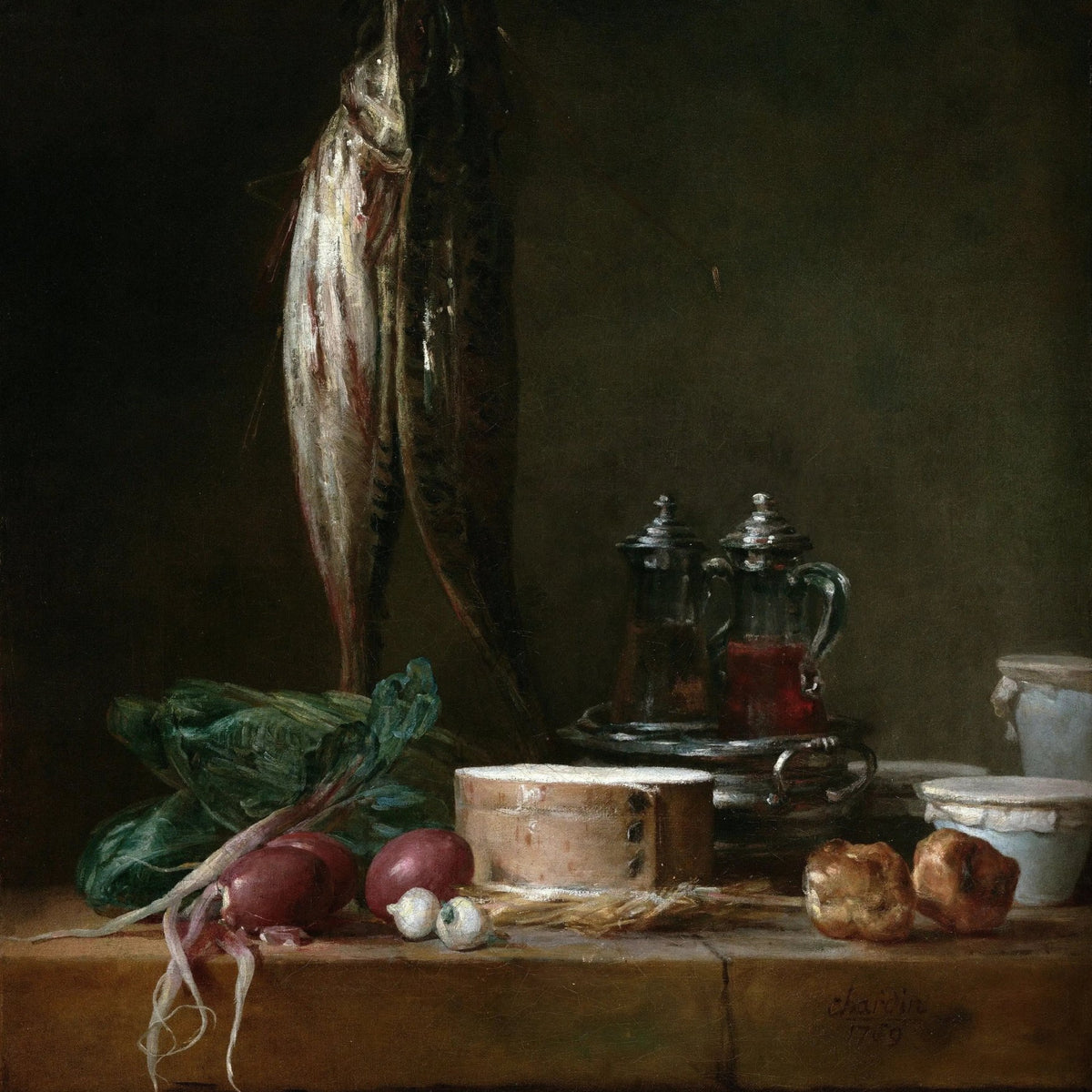 Still Life Oil Painting - Fish, Vegetables and Cheese - Oil Painting Haven