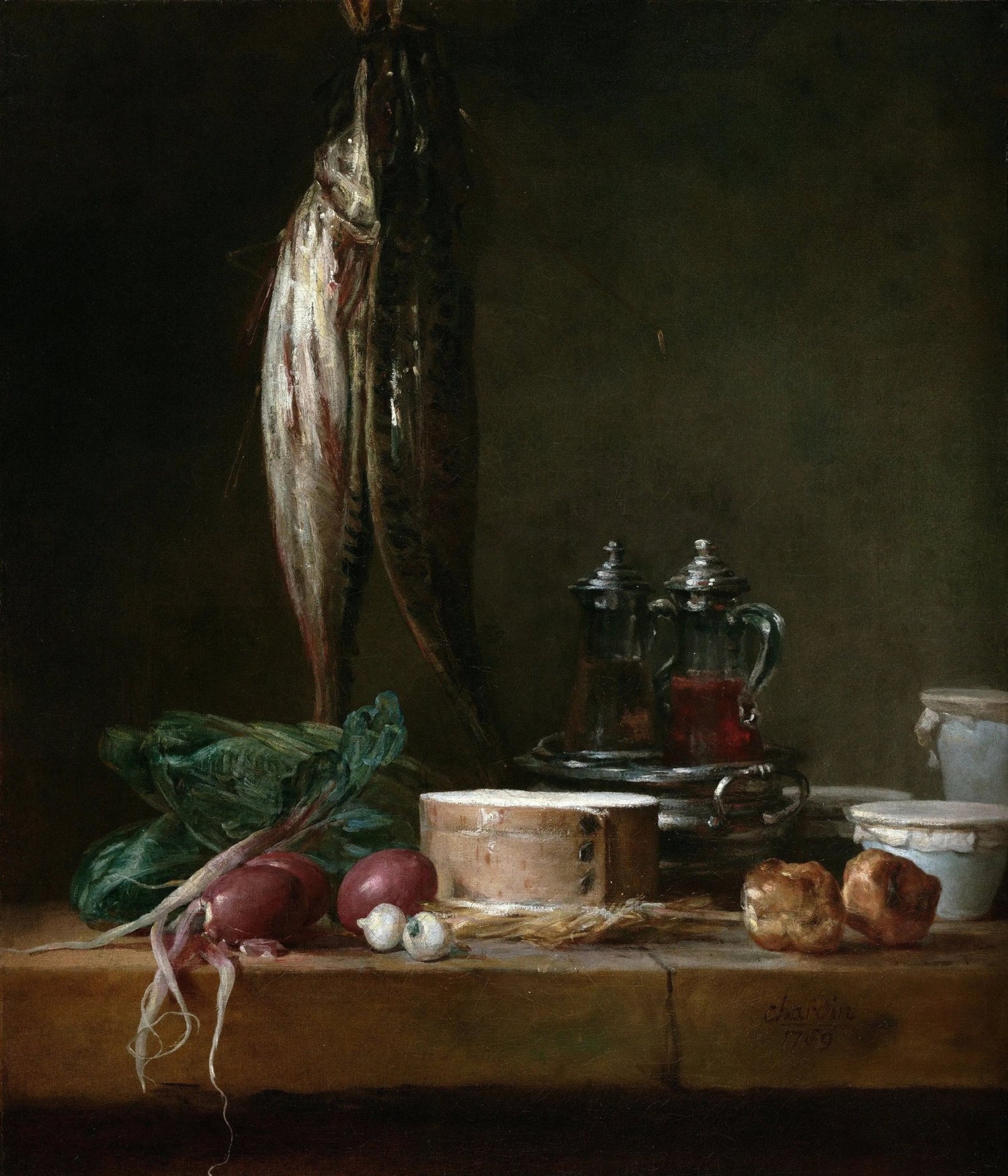 Still Life Oil Painting - Fish, Vegetables and Cheese - Oil Painting Haven