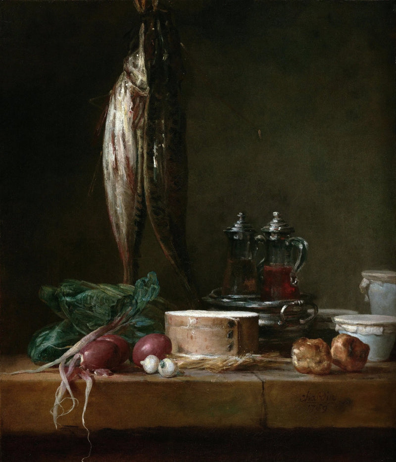 Still Life Oil Painting - Fish, Vegetables and Cheese - Oil Painting Haven