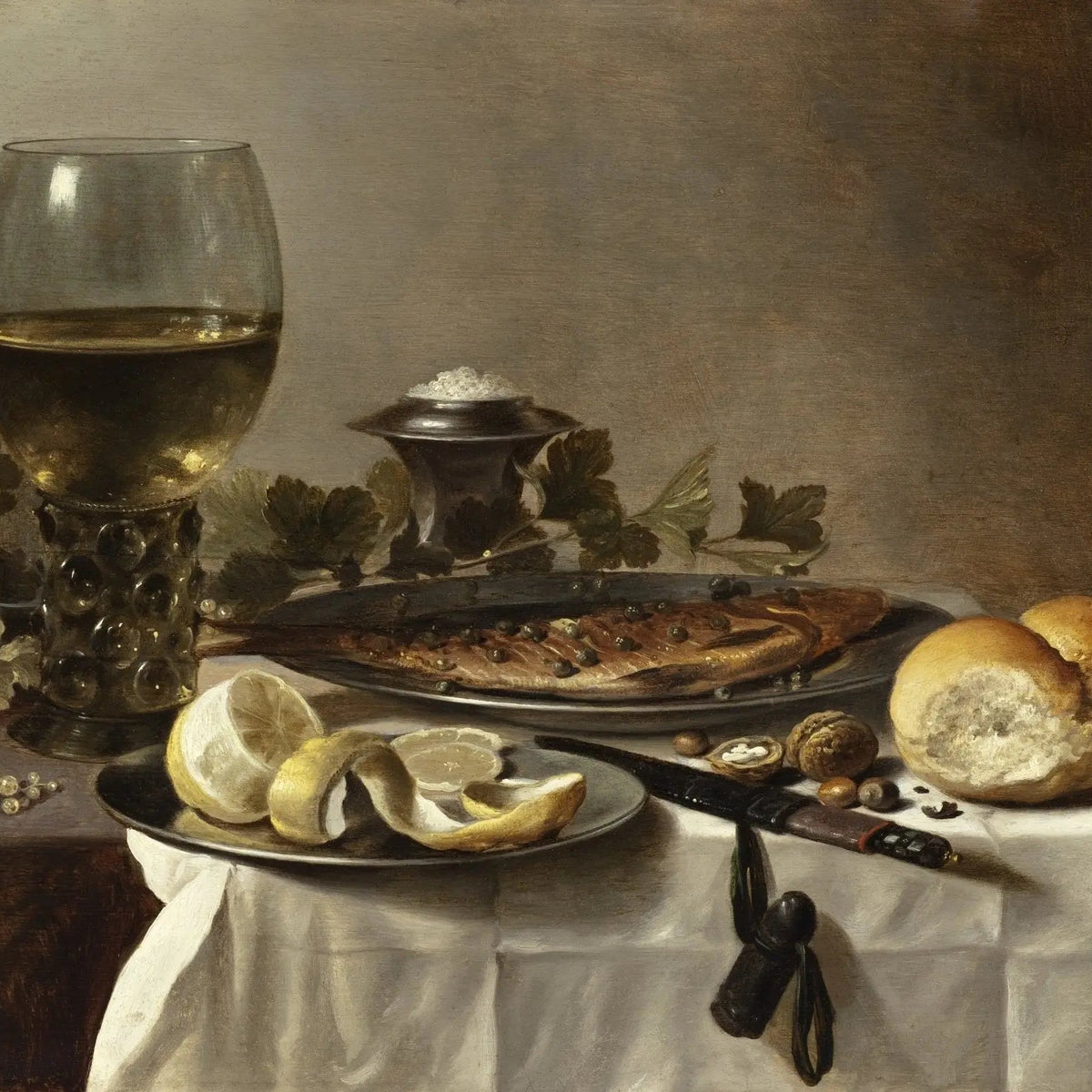 Still Life Oil Painting - Fish, Wine Glass and Lemon - Oil Painting Haven