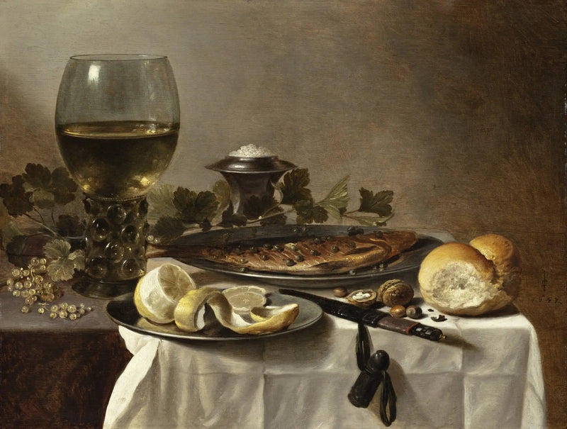 Still Life Oil Painting - Fish, Wine Glass and Lemon - Oil Painting Haven