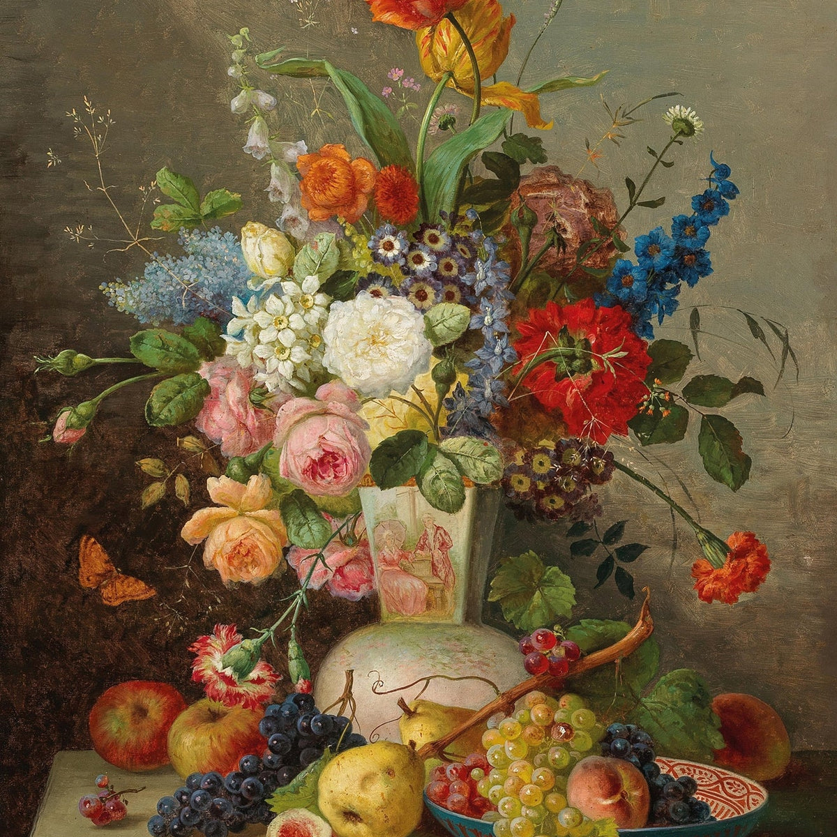 Nature morte à l'huile - Fruits, pichet et verre à vin