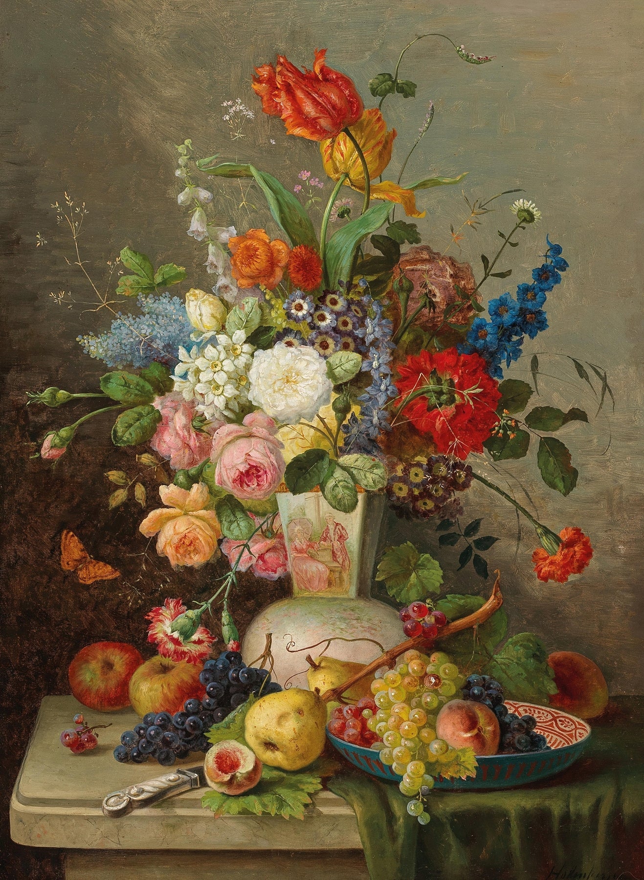 Nature morte à l'huile - Fruits, pichet et verre à vin