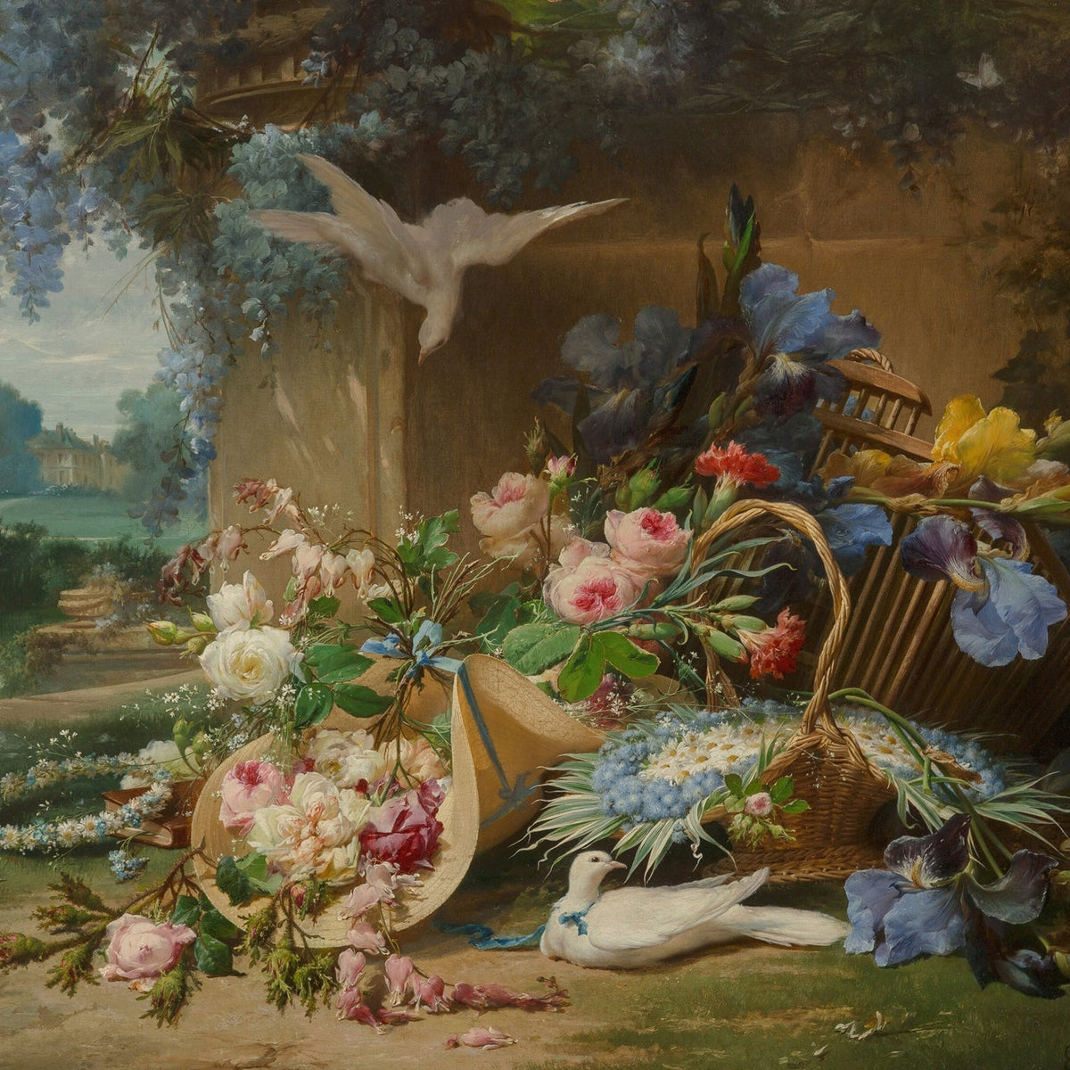 Still Life Oil Painting - Floral Garden with Doves - Oil Painting Haven