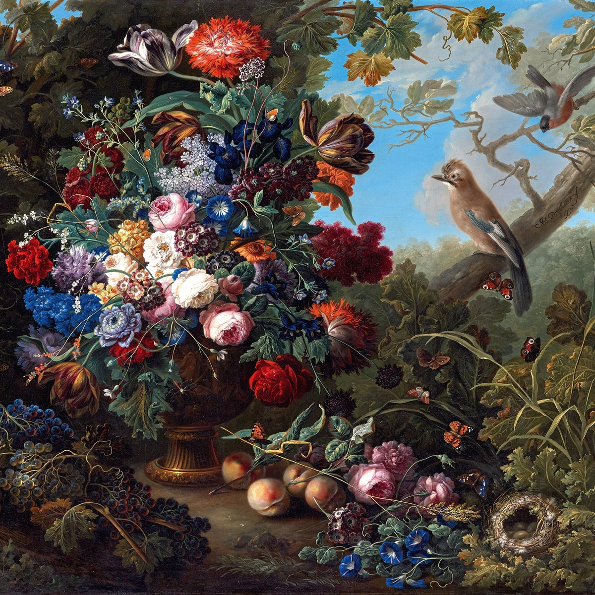 Still Life Oil Painting - Flowers, Birds and Fruit Scene