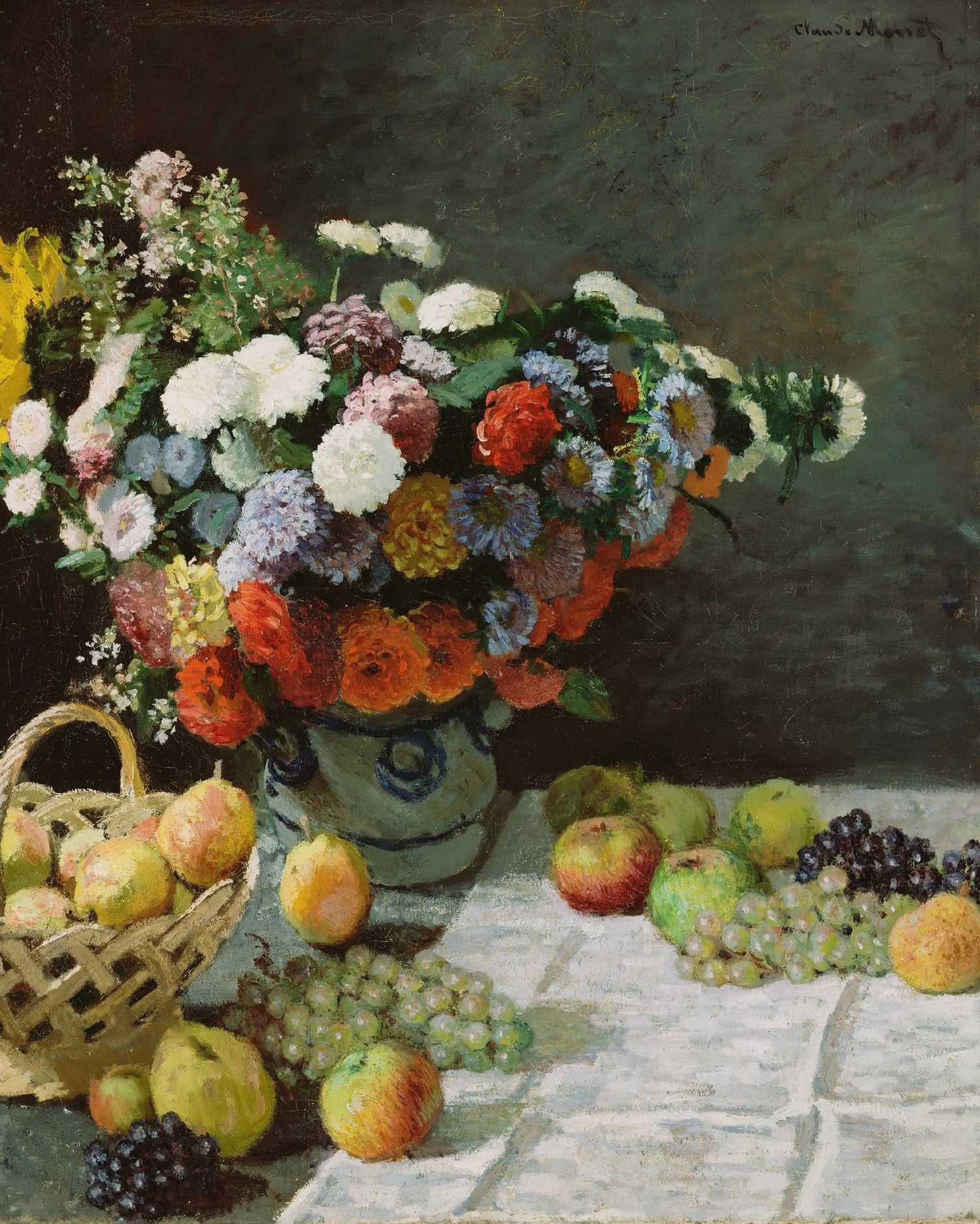 Still Life Oil Painting - Flowers, Fruits and Basket - Oil Painting Haven