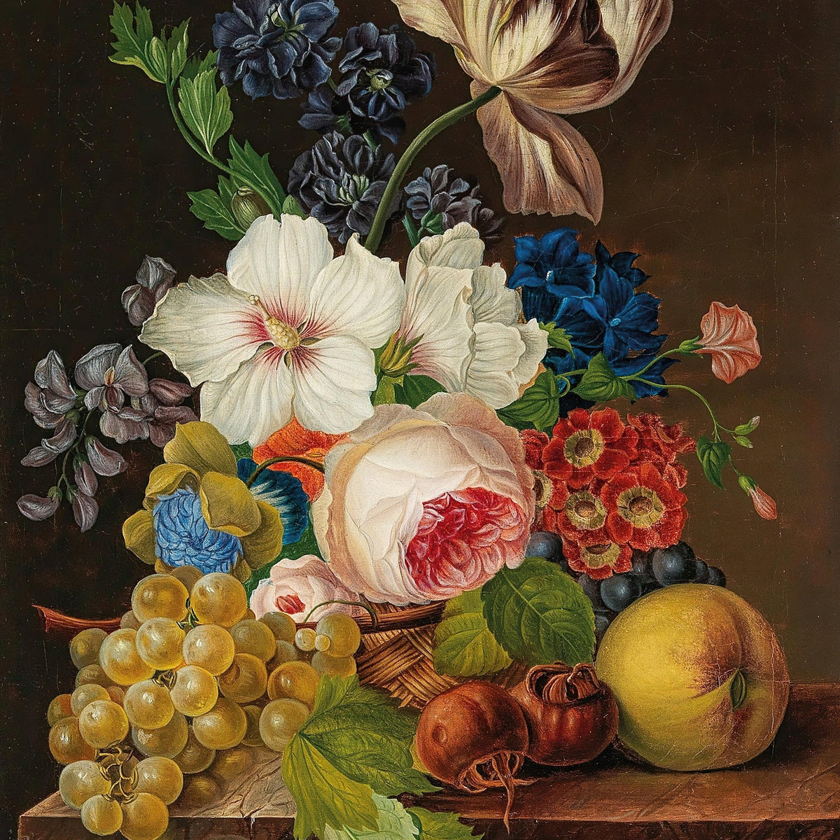 Still Life Oil Painting - Flowers, Grapes and Peach - Oil Painting Haven