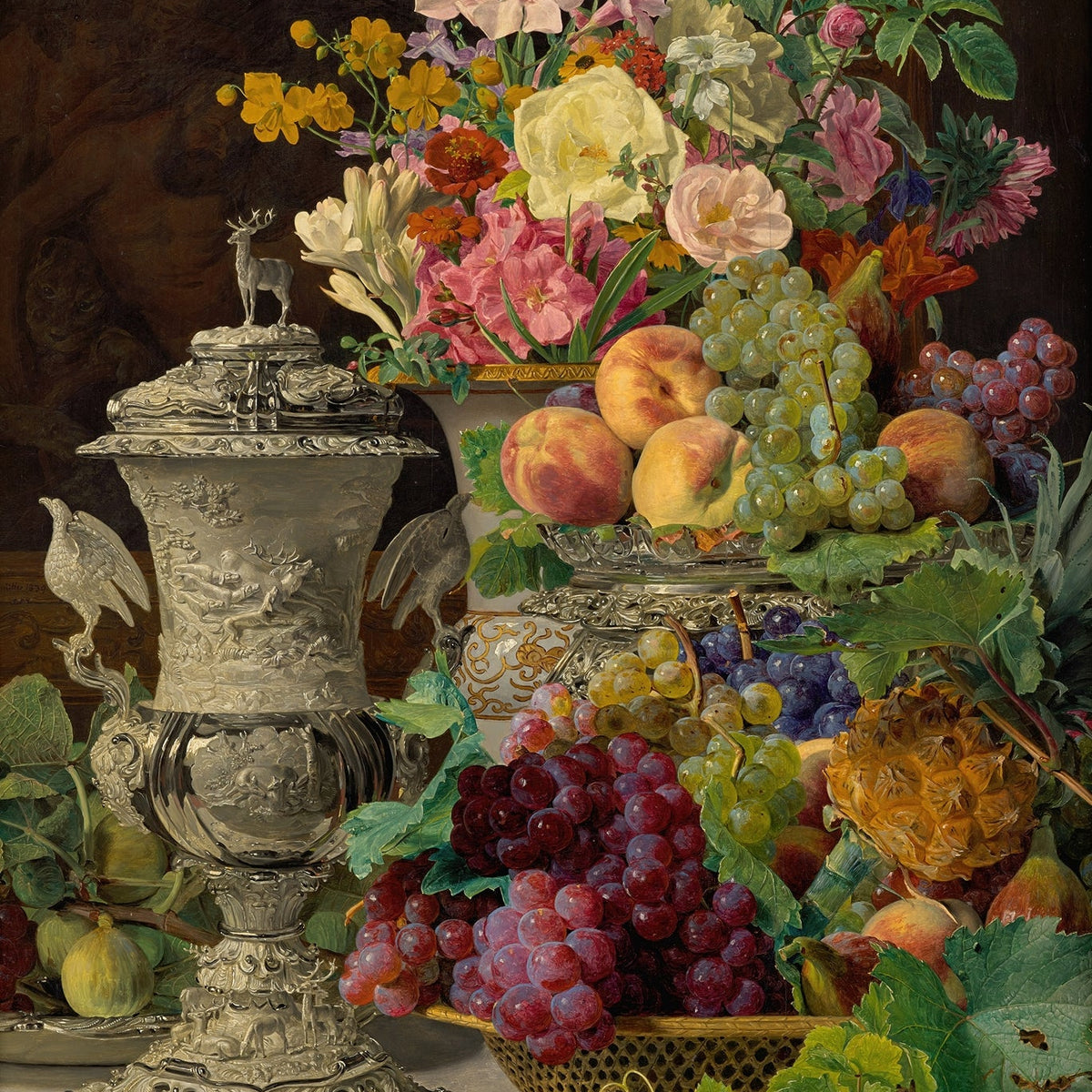 Still Life Oil Painting - Flowers, Grapes and Silver Urn - Oil Painting Haven