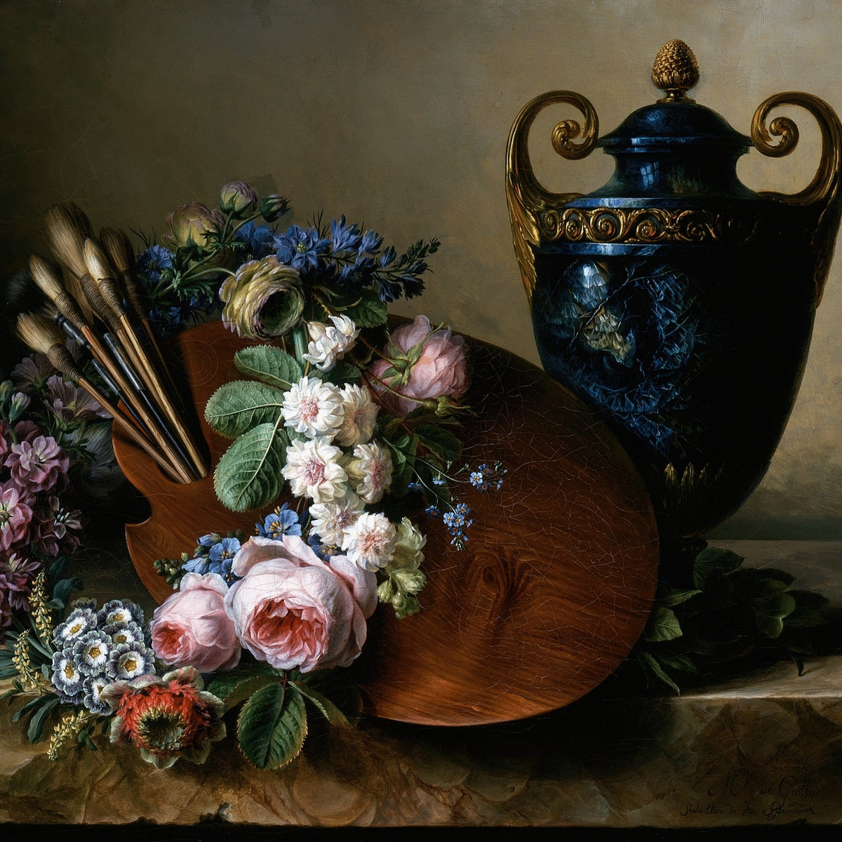 Still Life Oil Painting - Flowers, Palette and Urn - Oil Painting Haven