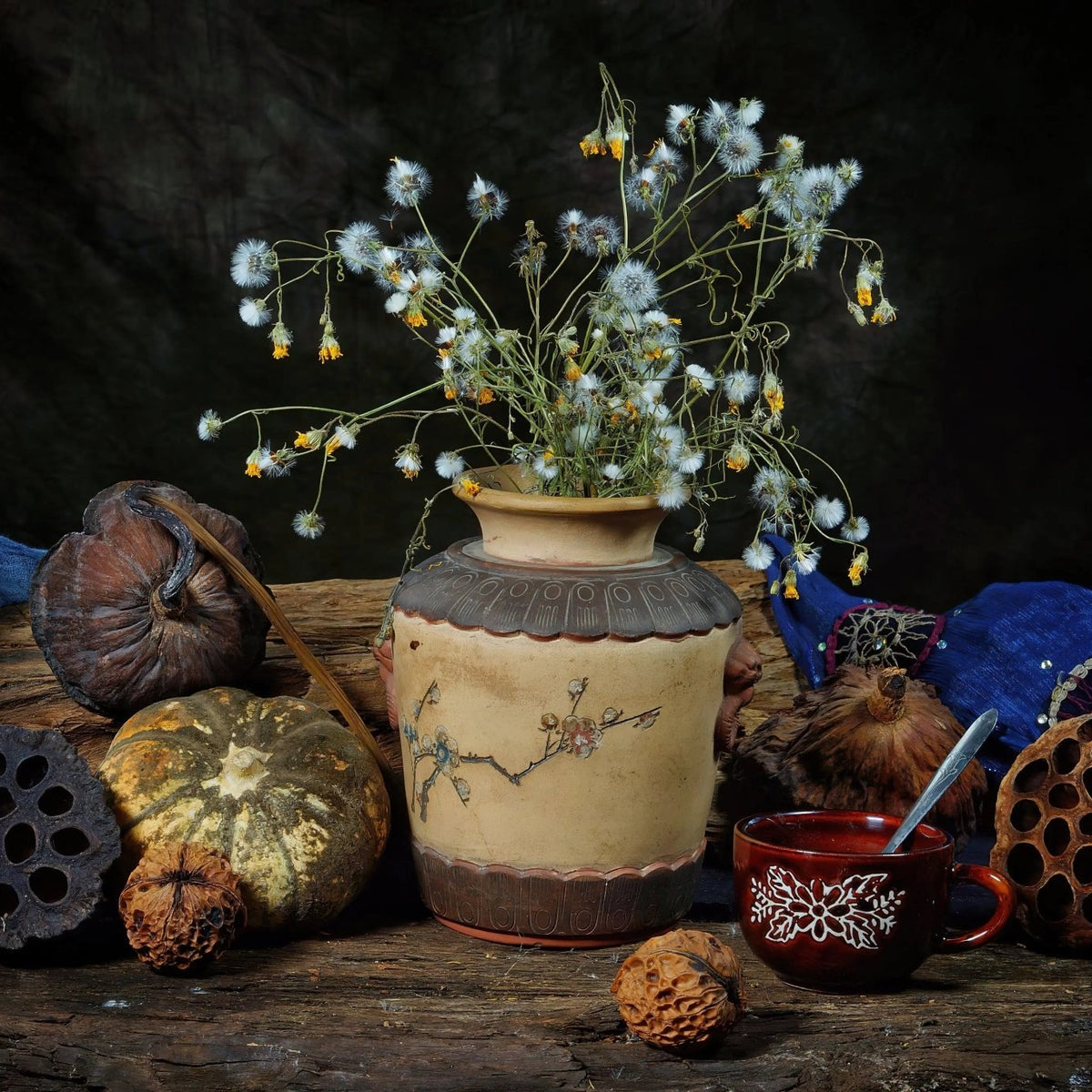 Still Life Oil Painting - Flowers, Pumpkin and Ceramic Vase - Oil Painting Haven