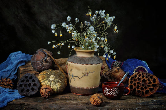 Still Life Oil Painting - Flowers, Pumpkin and Ceramic Vase - Oil Painting Haven