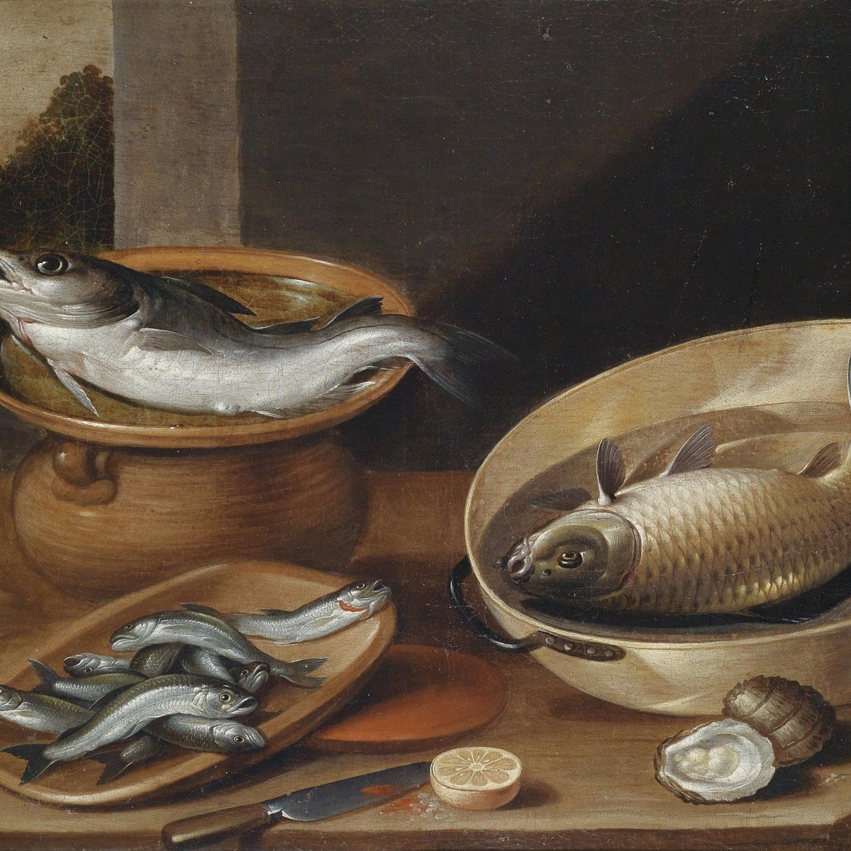 Still Life Oil Painting - Fresh Fish and Curious Cat - Oil Painting Haven