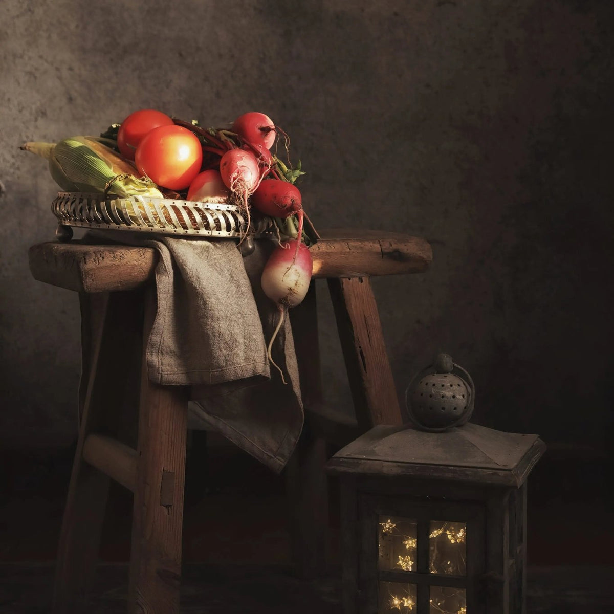 Still Life Oil Painting - Fresh Vegetables and Vintage Lantern - Oil Painting Haven