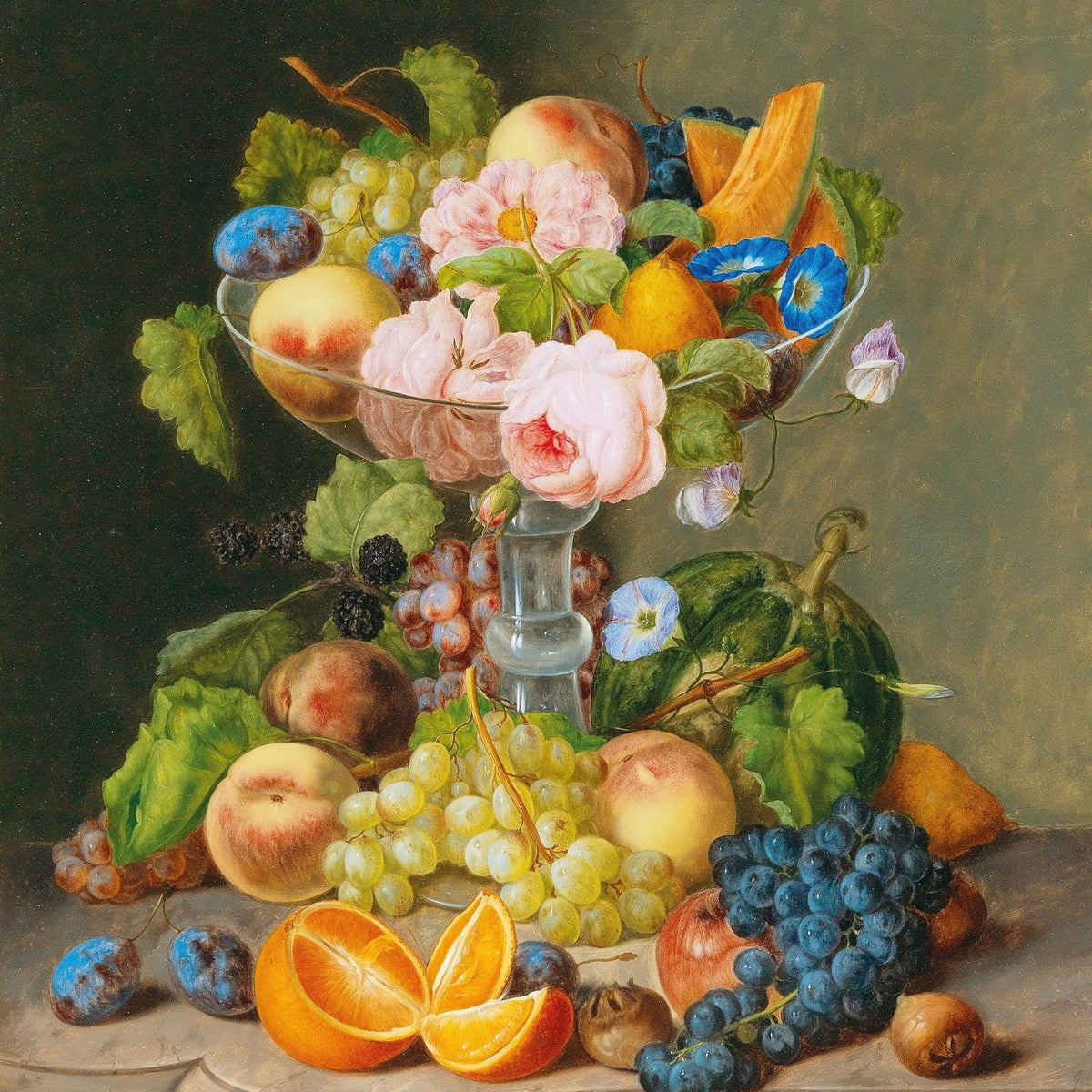 Still Life Oil Painting - Fruit and Flowers in Glass Bowl - Oil Painting Haven