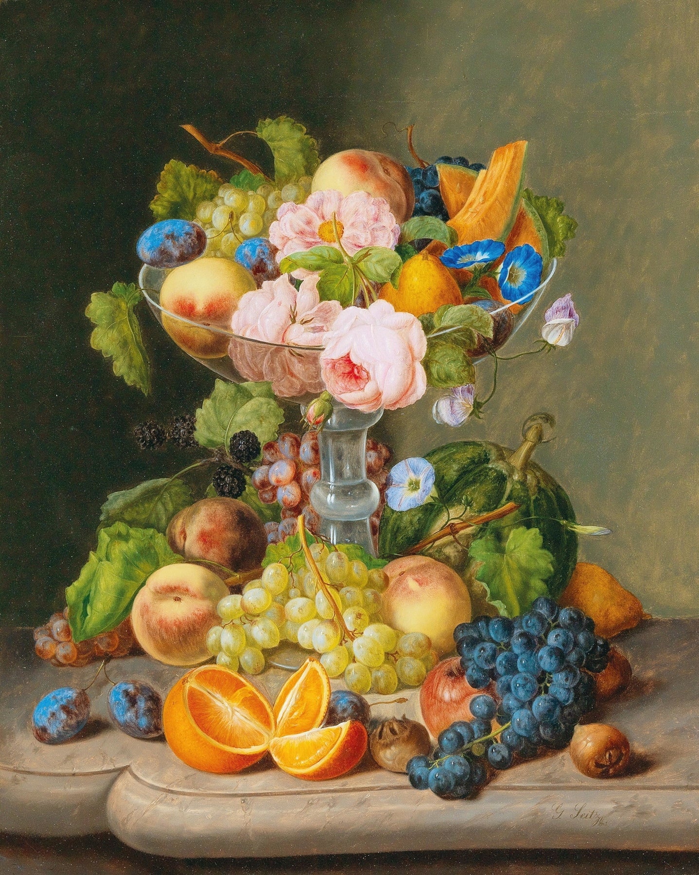 Still Life Oil Painting - Fruit and Flowers in Glass Bowl - Oil Painting Haven