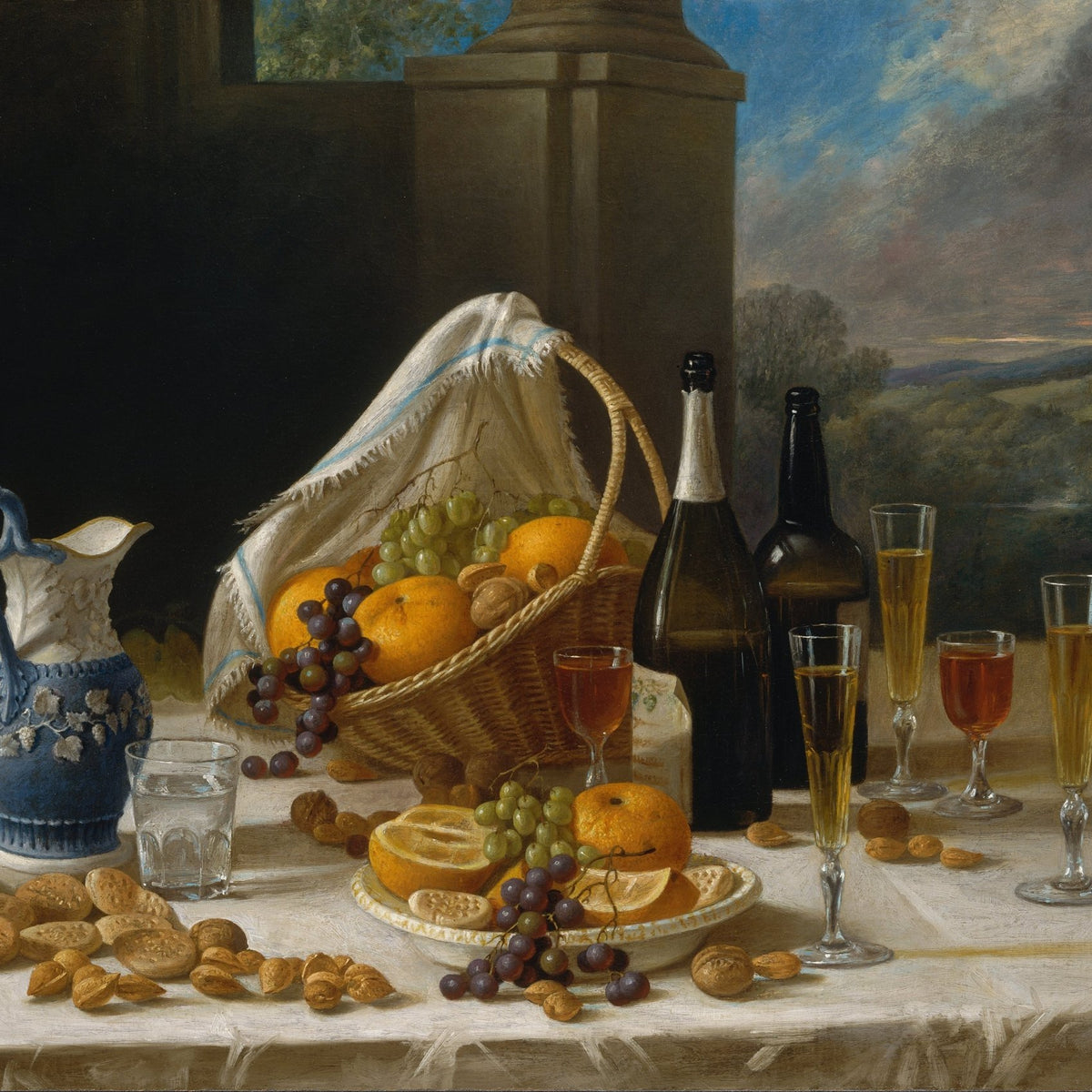 Still Life Oil Painting - Fruit Basket and Wine - Oil Painting Haven