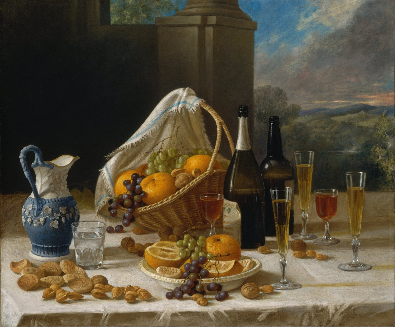 Still Life Oil Painting - Fruit Basket and Wine - Oil Painting Haven