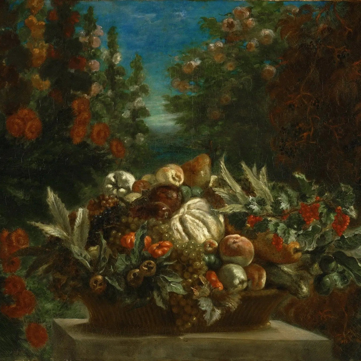Still Life Oil Painting - Fruit Basket in Garden Setting - Oil Painting Haven