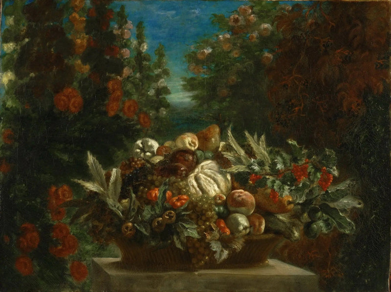 Still Life Oil Painting - Fruit Basket in Garden Setting - Oil Painting Haven