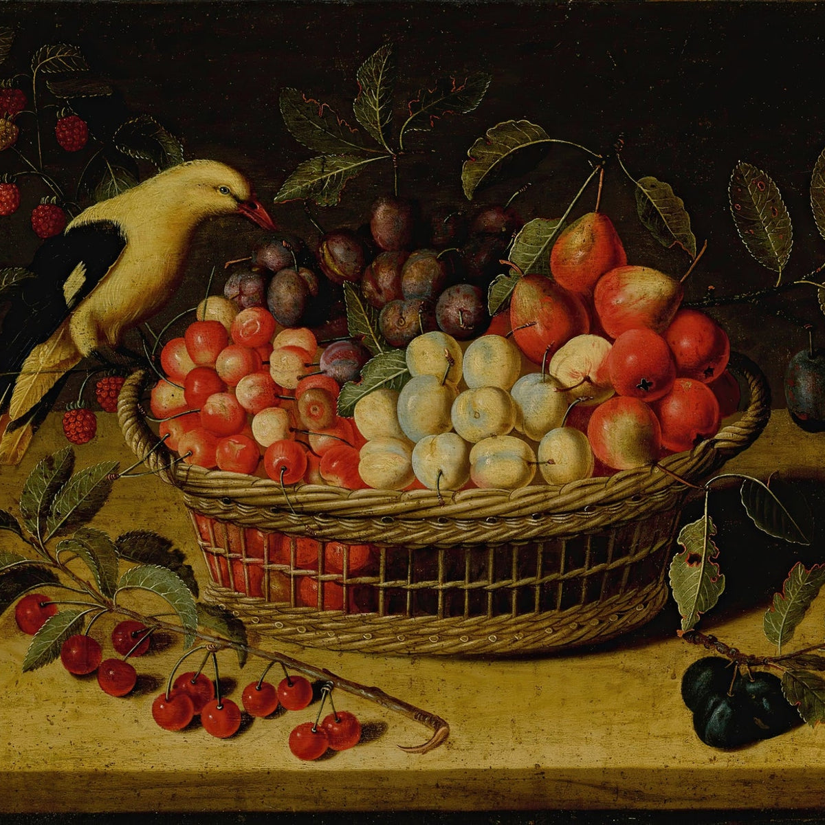 Still Life Oil Painting - Fruit Basket with Bird - Oil Painting Haven