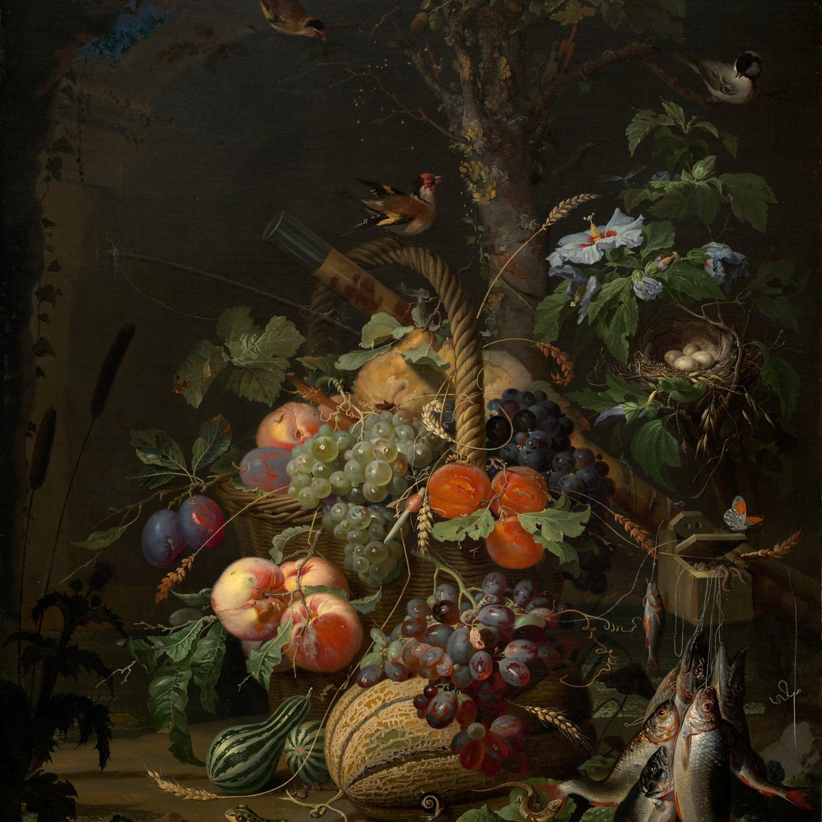 Still Life Oil Painting - Fruit Basket with Birds and Fish - Oil Painting Haven