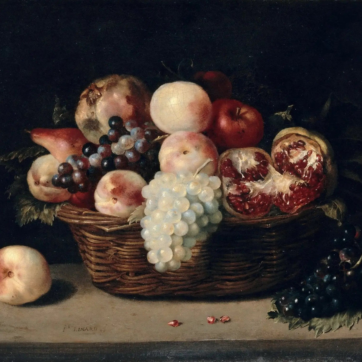 Still Life Oil Painting - Fruit Basket with Grapes and Pomegranate Meta Description - Oil Painting Haven