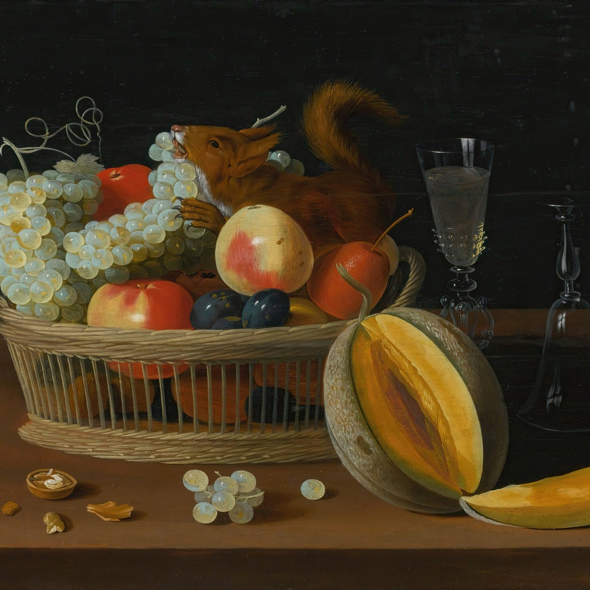 Still Life Oil Painting - Fruit Basket with Squirrel - Oil Painting Haven